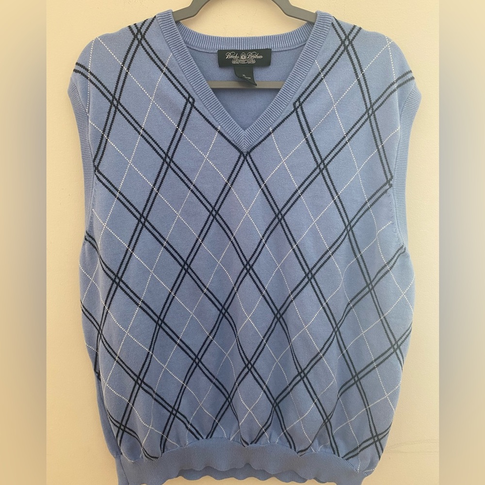Brooks Brothers Country Club Blue Gray Argyle‎ 100% Cotton Sweater Vest Sz Large